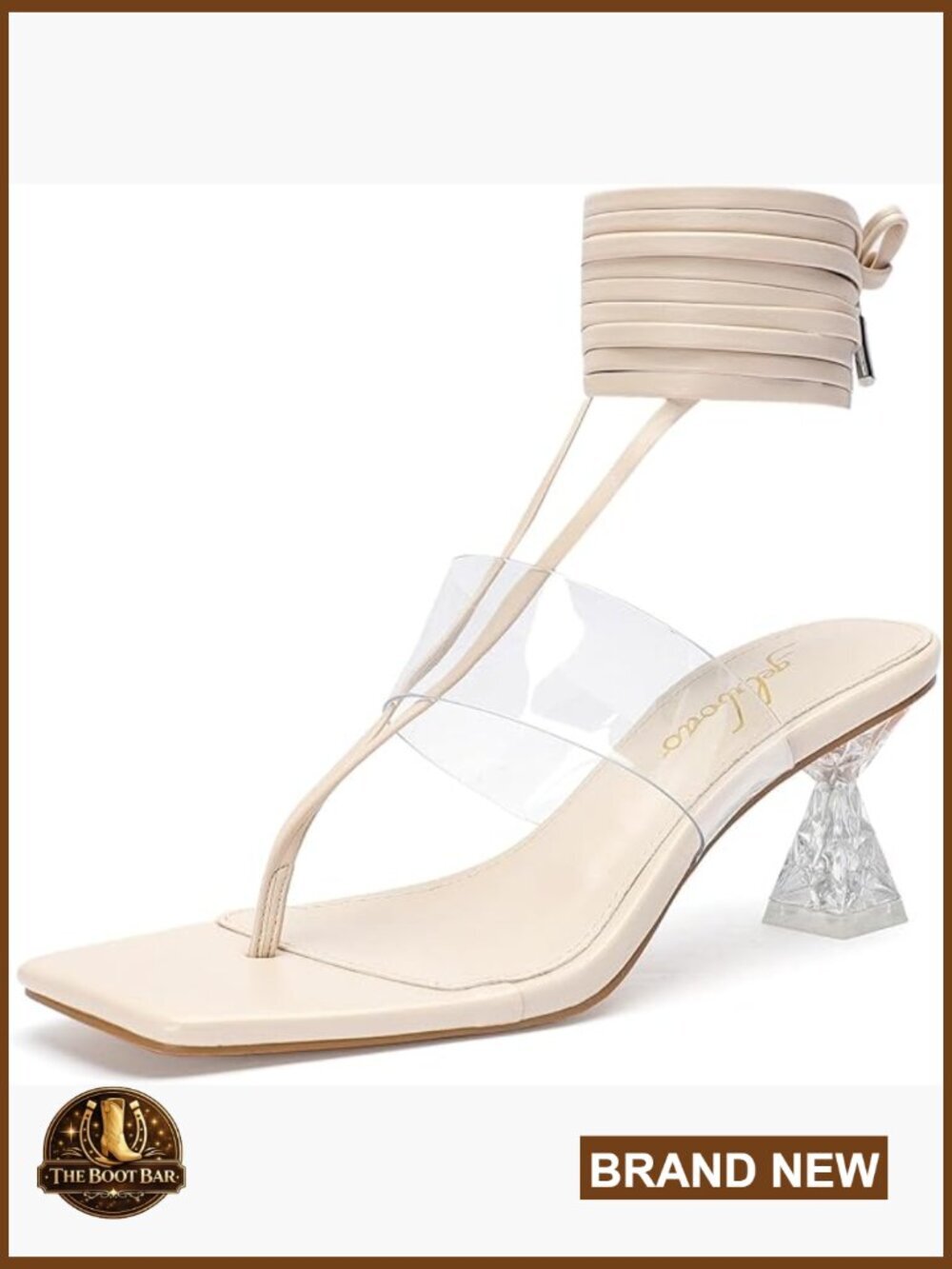 Clear Chunky Heel Square Toe Lace Up Strappy Sandals